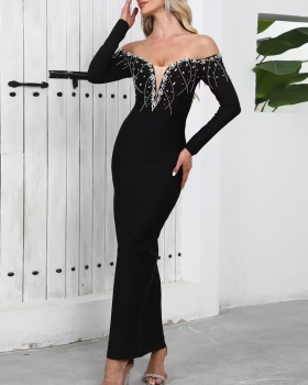 Horizontal collar dress gauze bandage dress for women