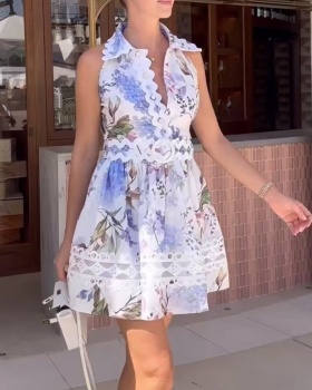 High waist flowers T-back hollow dress for women