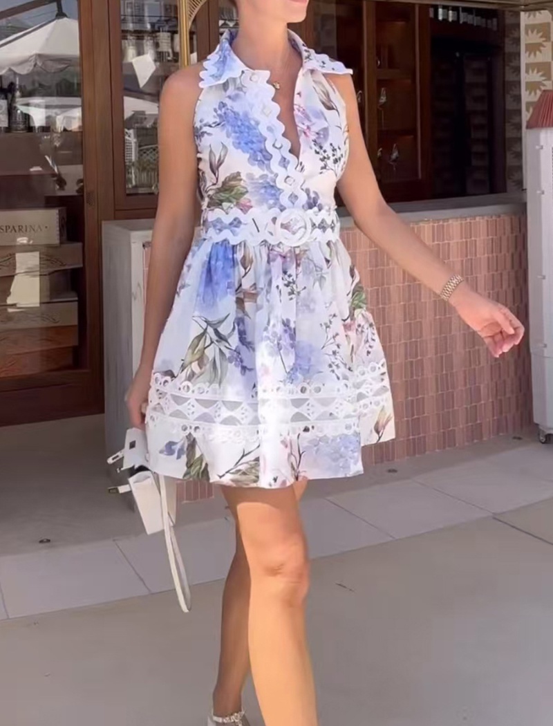 High waist flowers T-back hollow dress for women