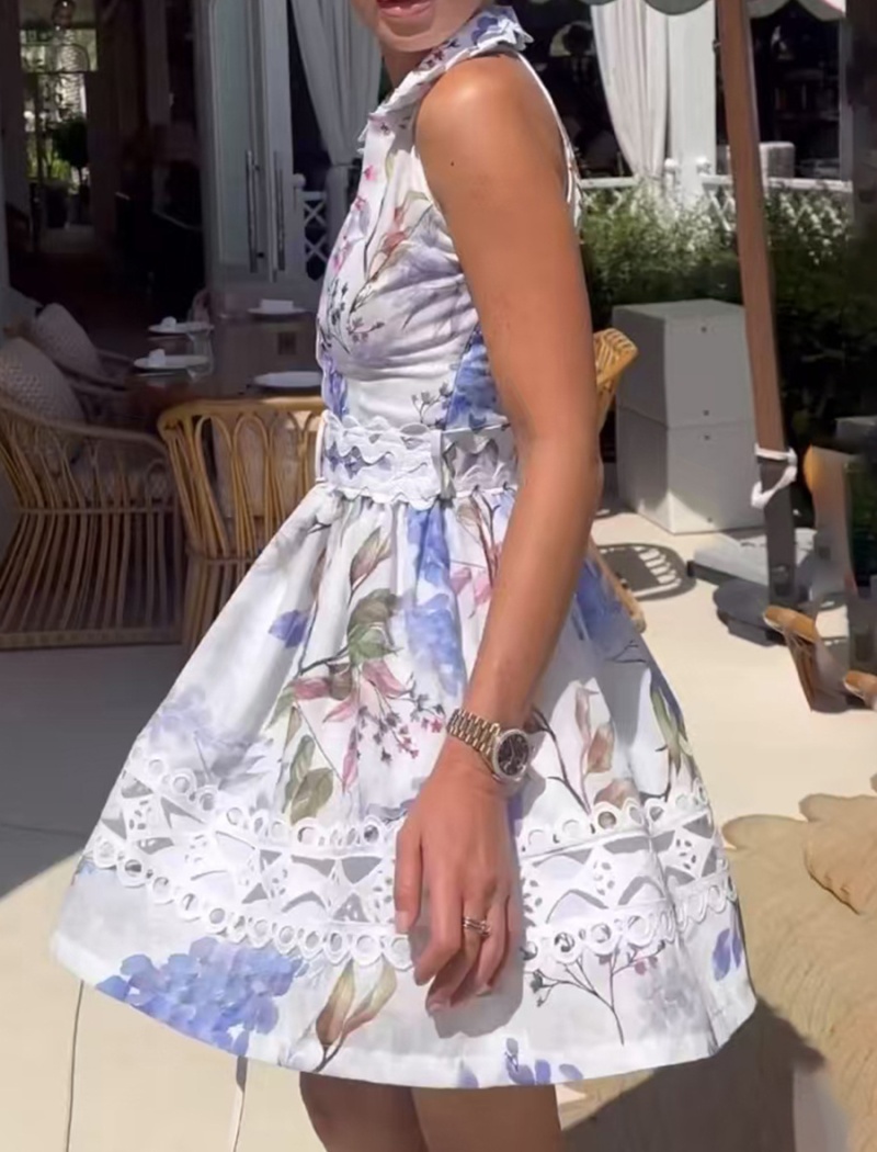 High waist flowers T-back hollow dress for women