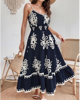 Art sexy sling Bohemian style V-neck retro dress for women