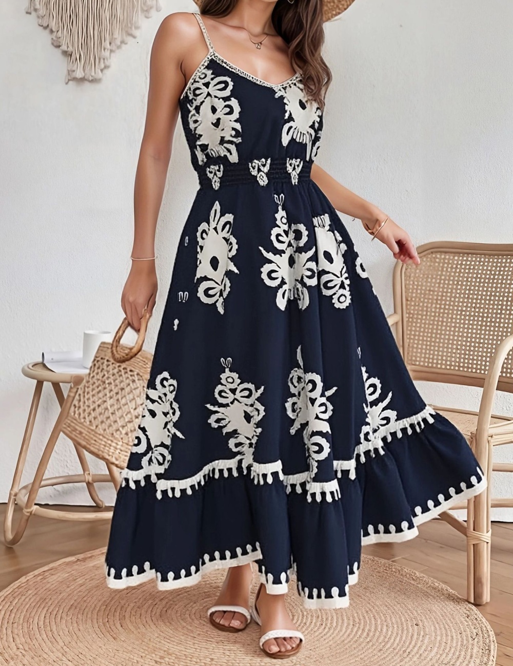 Art sexy sling Bohemian style V-neck retro dress for women