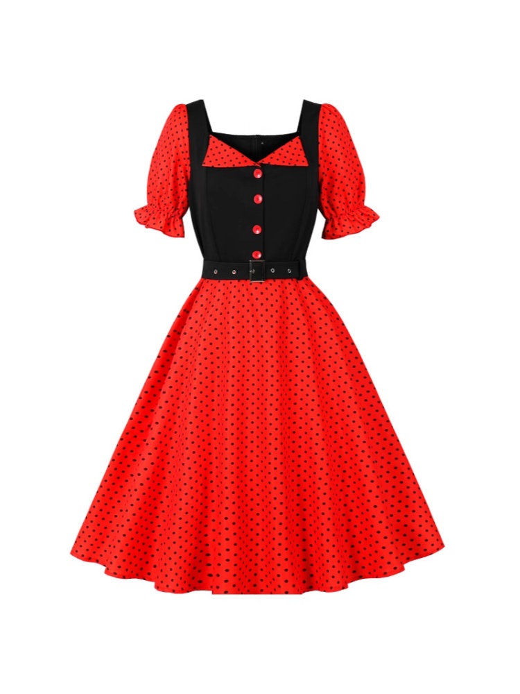 Square collar polka dot slim retro Hepburn style dress for women