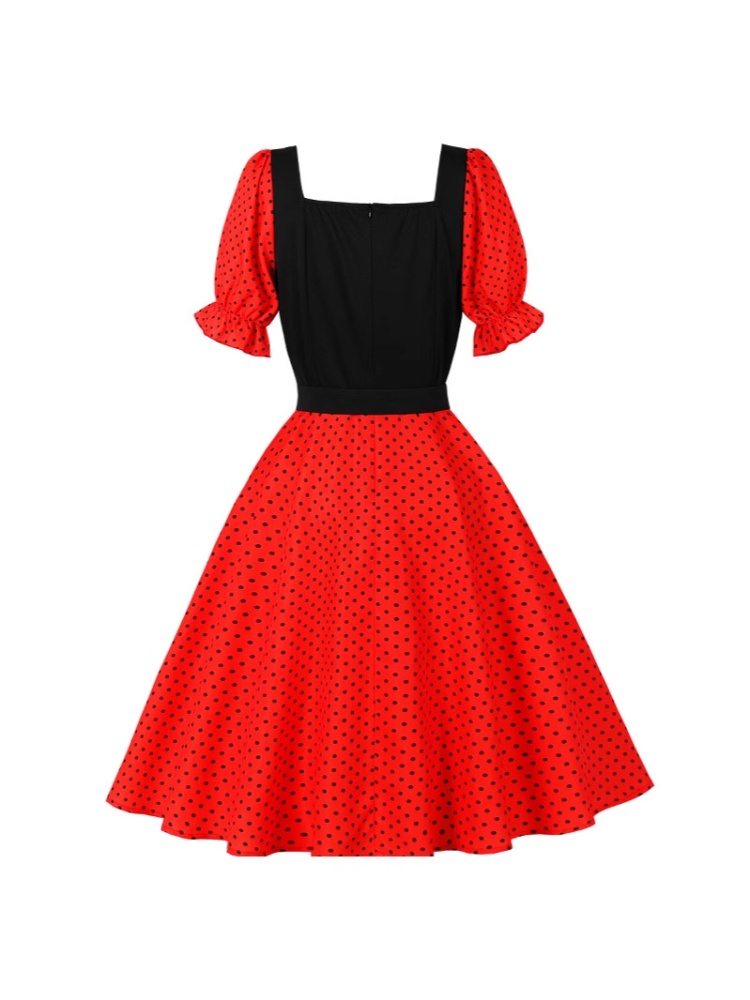 Square collar polka dot slim retro Hepburn style dress for women