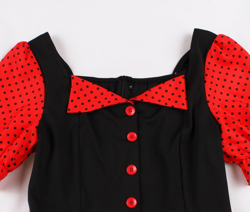 Square collar polka dot slim retro Hepburn style dress for women