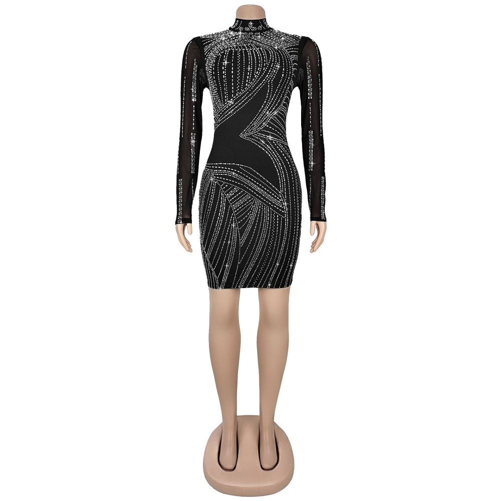 Gauze rhinestone fashion sexy slim perspective dress