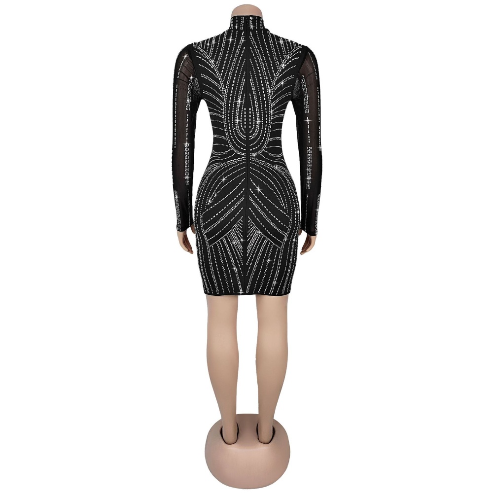Gauze rhinestone fashion sexy slim perspective dress