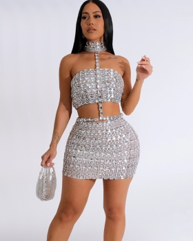 European style wrapped chest skirt sexy tops a set