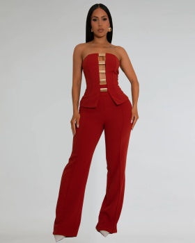 Gold buckle wrapped chest sexy long pants 2pcs set