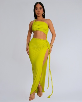 Summer wrapped chest split fashion long dress for women