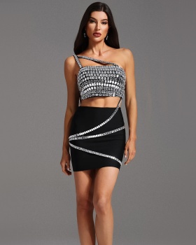 Temperament rhinestone short skirt a set for women