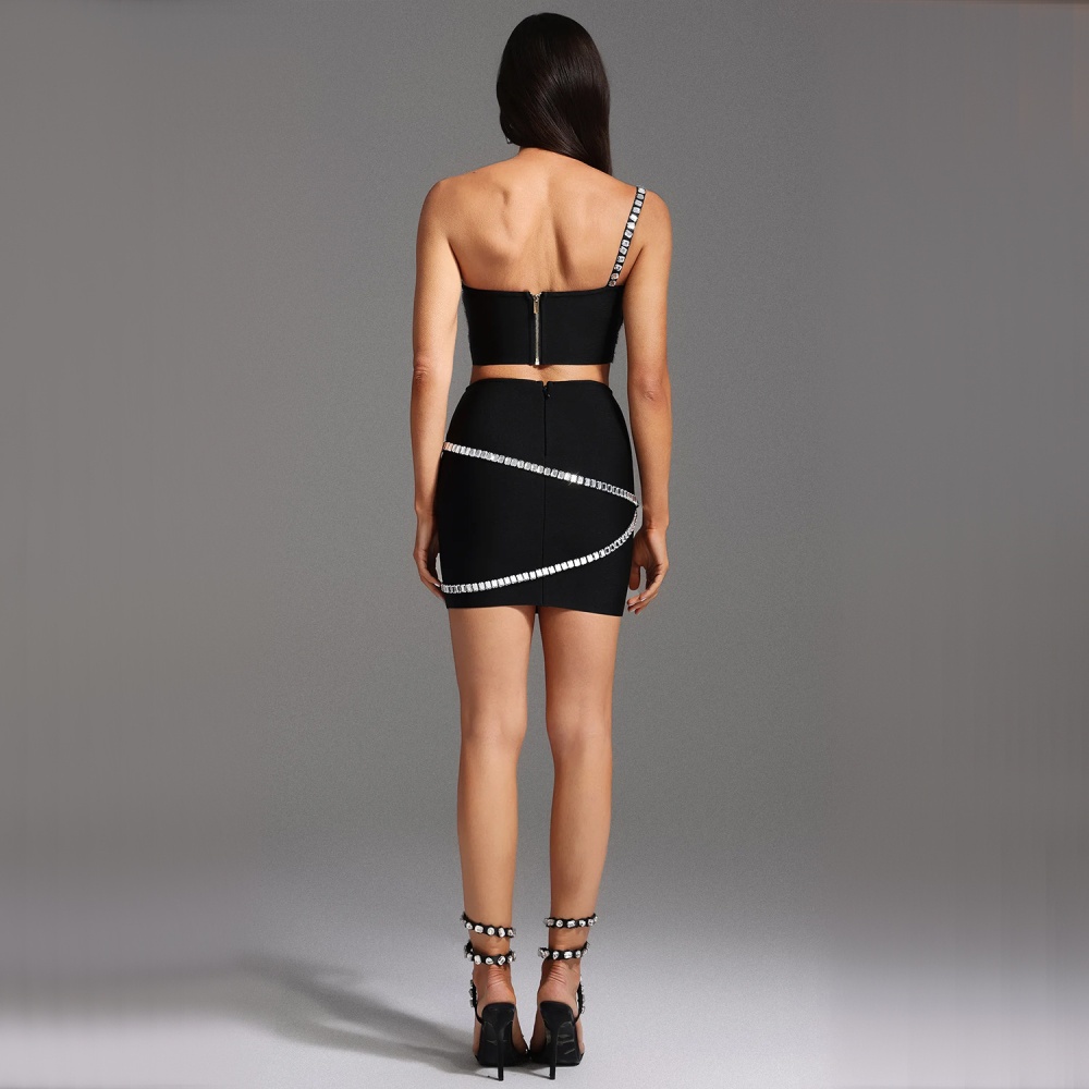 Temperament rhinestone short skirt a set for women