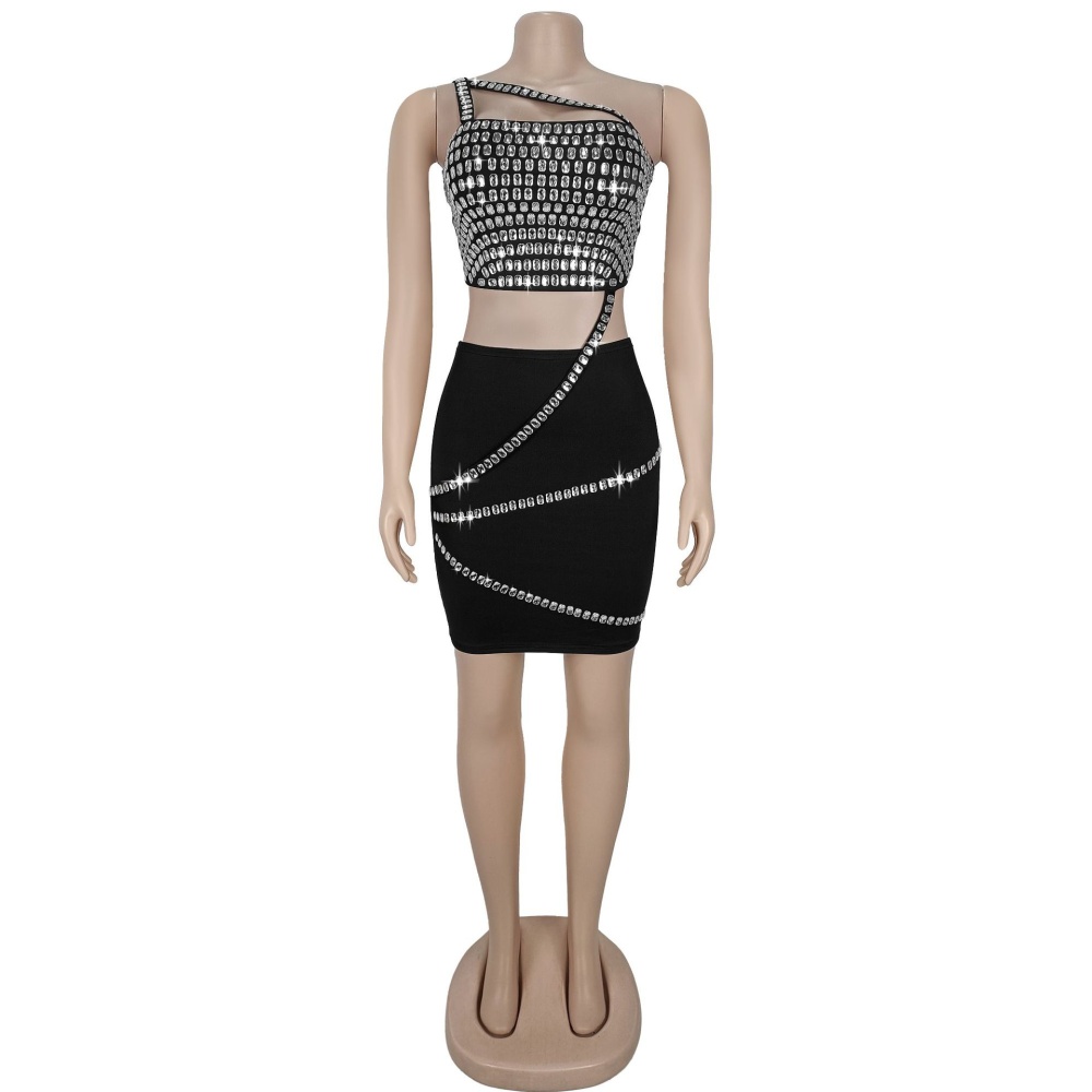 Temperament rhinestone short skirt a set for women