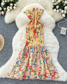 Slim niche pinched waist beach dress mermaid floral dress for women