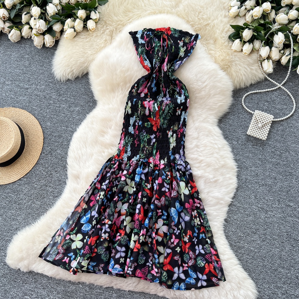 Slim niche pinched waist beach dress mermaid floral dress for women