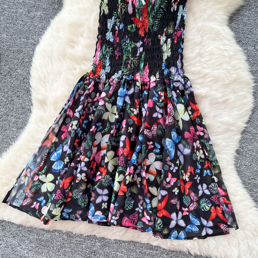 Slim niche pinched waist beach dress mermaid floral dress for women
