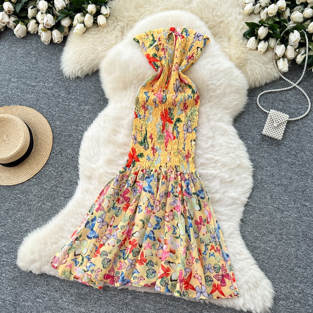 Slim niche pinched waist beach dress mermaid floral dress for women