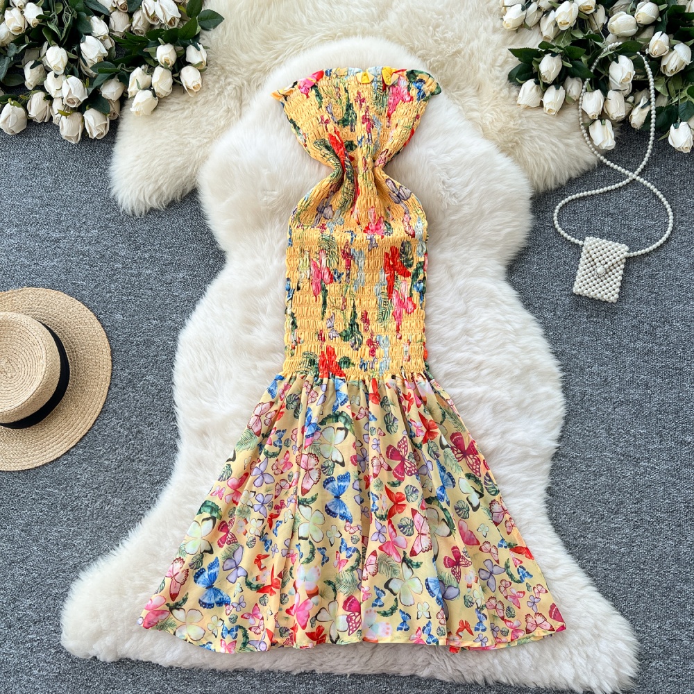 Slim niche pinched waist beach dress mermaid floral dress for women