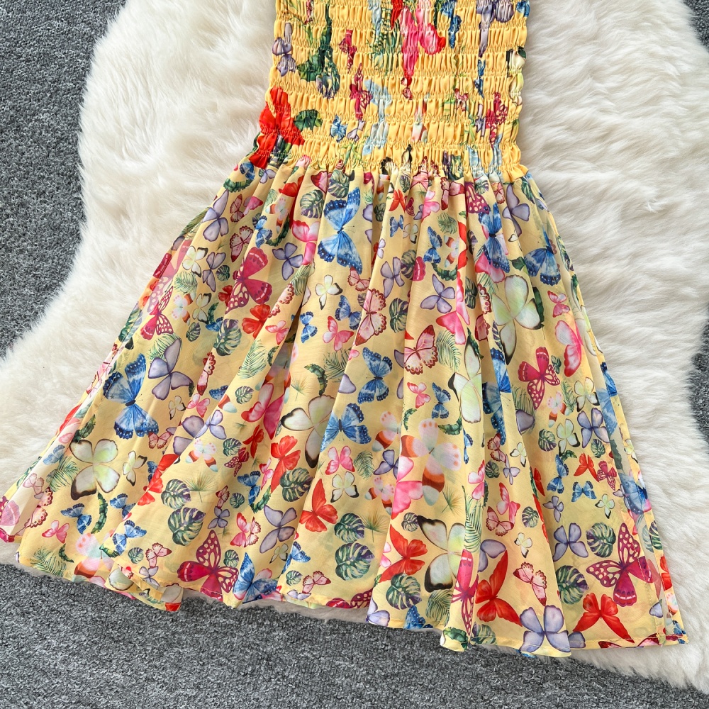 Slim niche pinched waist beach dress mermaid floral dress for women