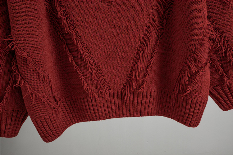 Knitted tassels tops lazy V-neck sweater for women