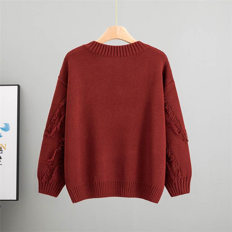Knitted tassels tops lazy V-neck sweater for women