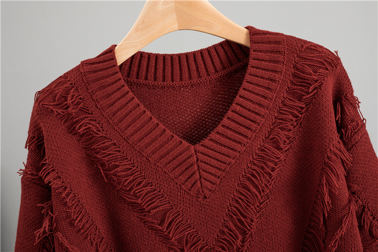Knitted tassels tops lazy V-neck sweater for women