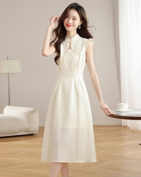 White A-line long dress hollow summer Chinese style cheongsam