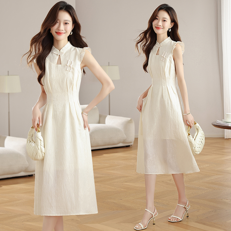 White A-line long dress hollow summer Chinese style cheongsam