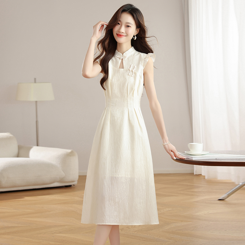 White A-line long dress hollow summer Chinese style cheongsam