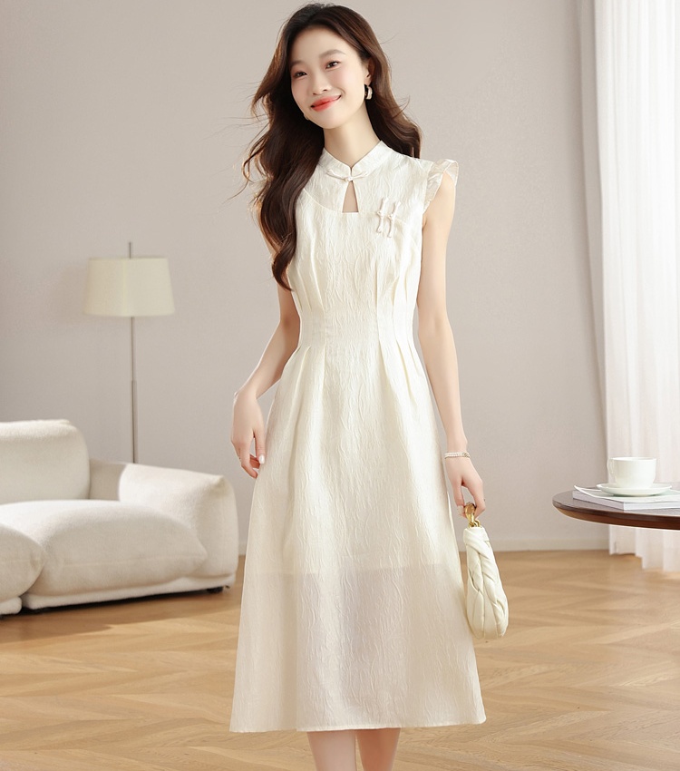 White A-line long dress hollow summer Chinese style cheongsam