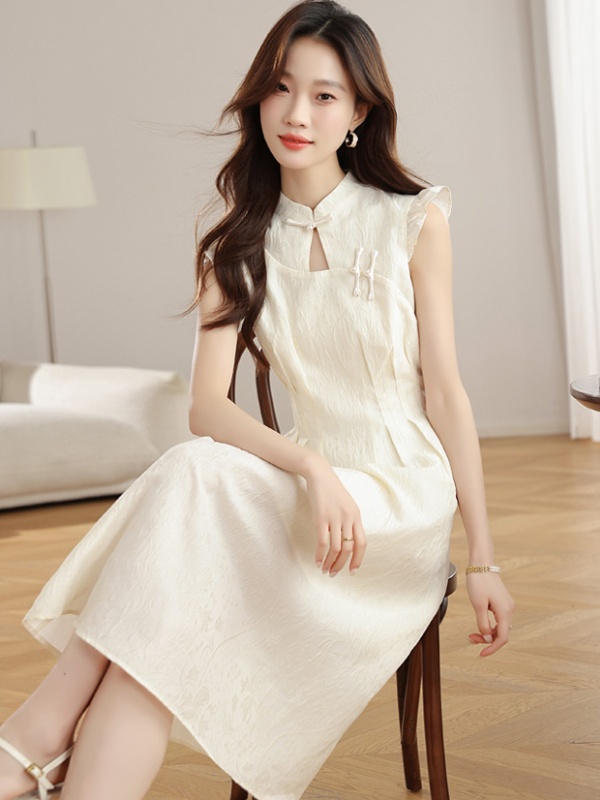 White A-line long dress hollow summer Chinese style cheongsam
