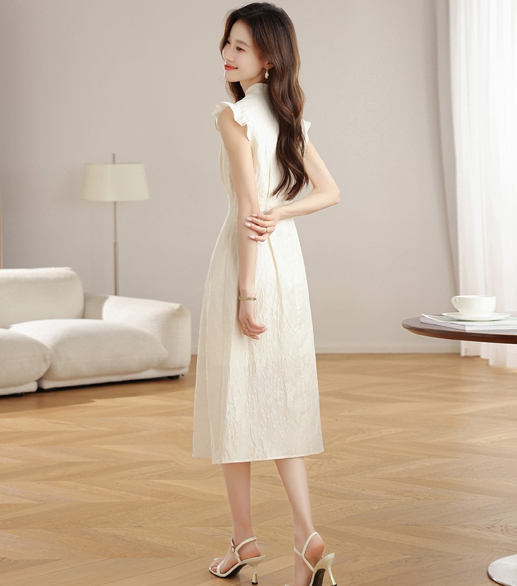 White A-line long dress hollow summer Chinese style cheongsam