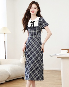 Splice short sleeve pinched waist plaid dress