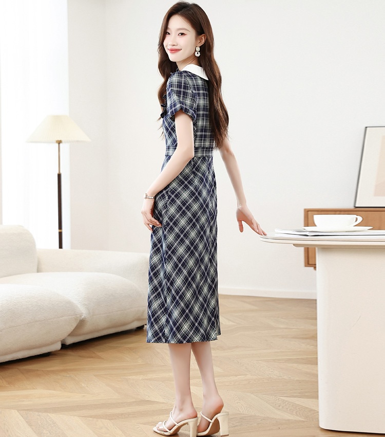 Splice short sleeve pinched waist plaid dress