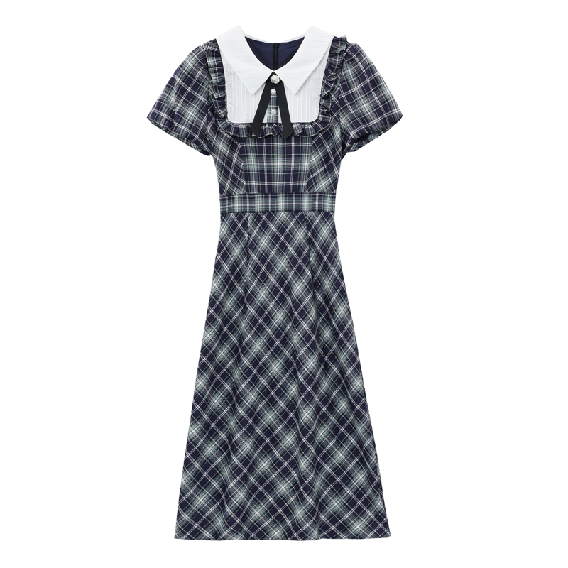 Splice short sleeve pinched waist plaid dress