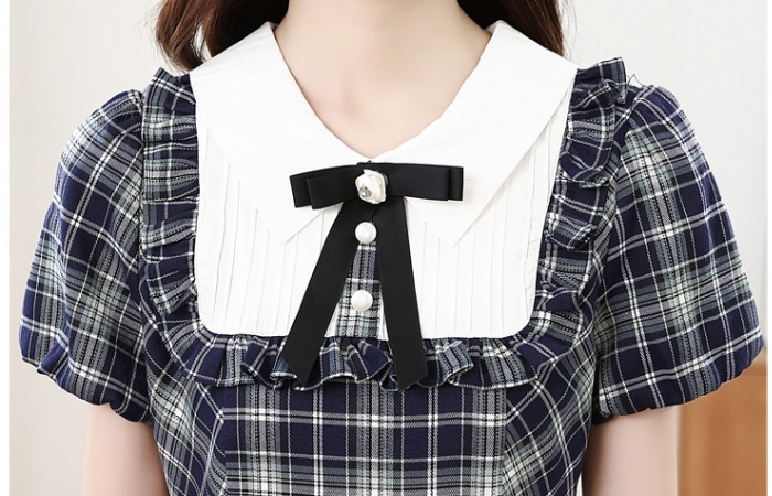 Splice short sleeve pinched waist plaid dress
