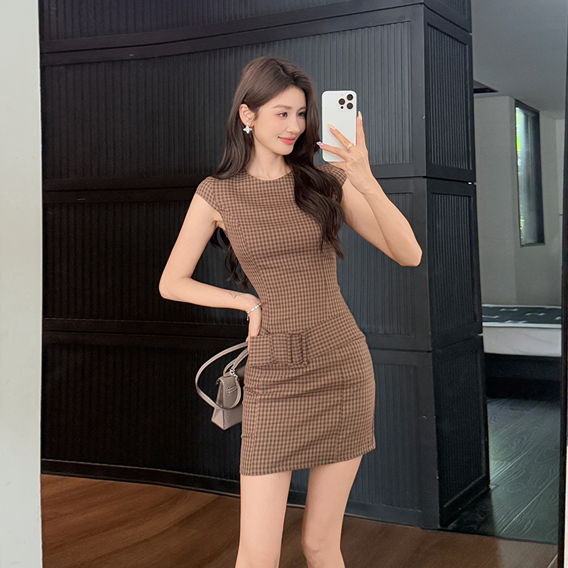 Pinched waist retro package hip summer short plaid dress
