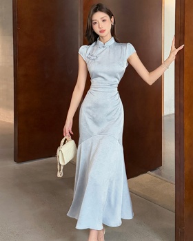 Mermaid satin long dress summer blue cheongsam