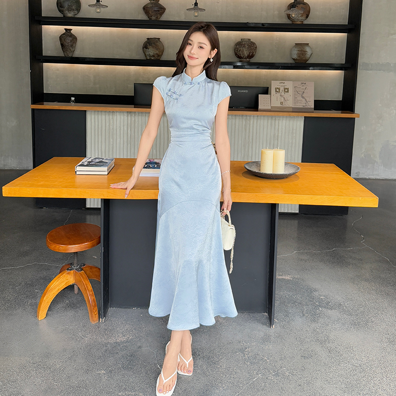 Mermaid satin long dress summer blue cheongsam