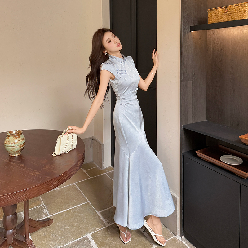 Mermaid satin long dress summer blue cheongsam