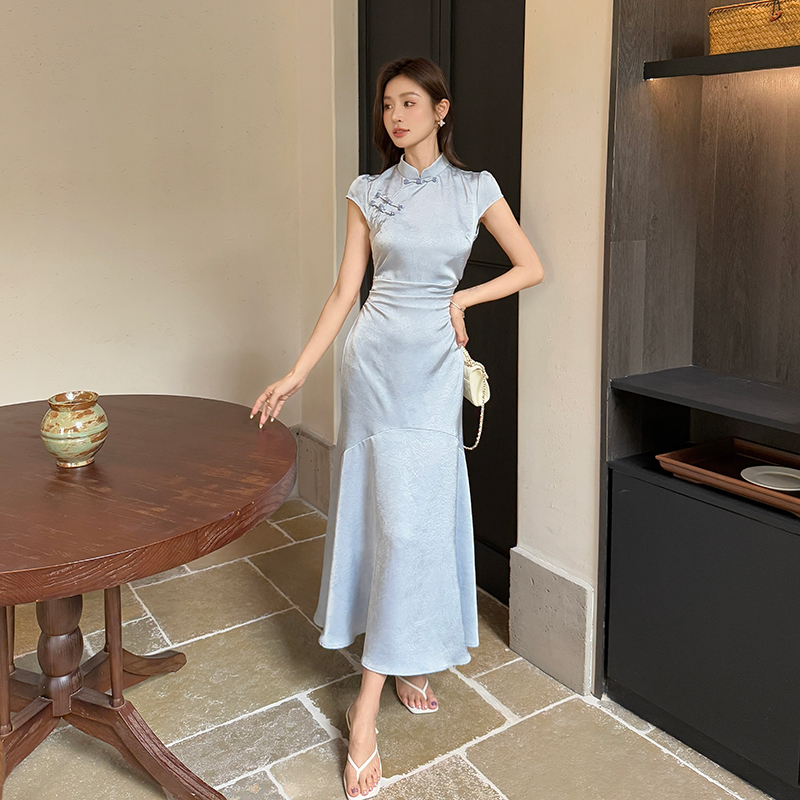Mermaid satin long dress summer blue cheongsam