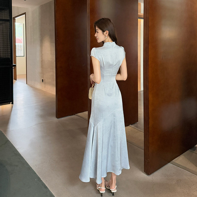 Mermaid satin long dress summer blue cheongsam