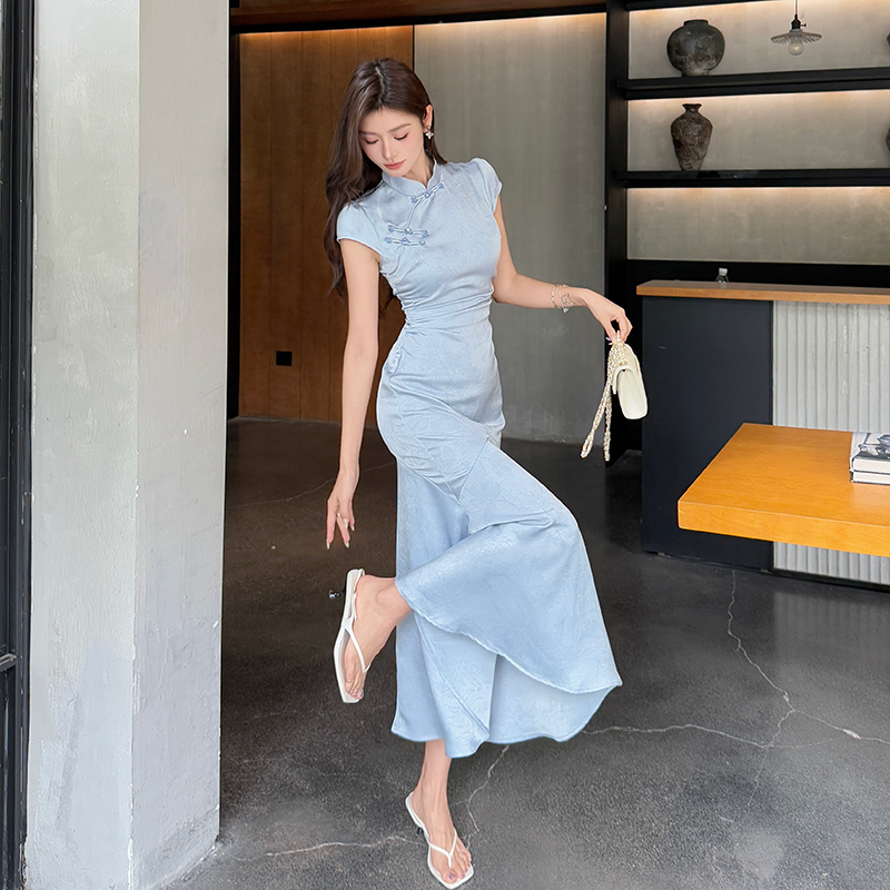Mermaid satin long dress summer blue cheongsam