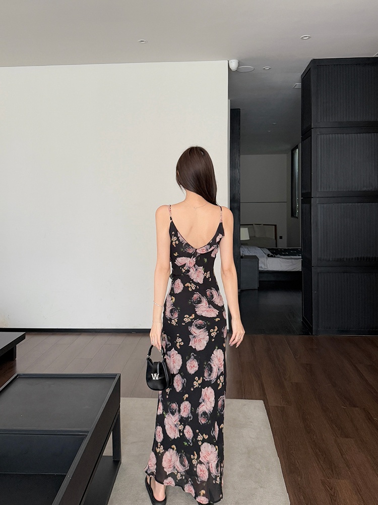 Floral long summer slim lotus leaf edges dress