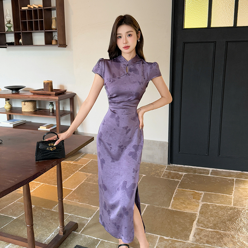 Chinese style long dress satin dress for women