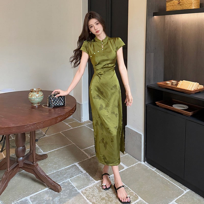 Chinese style long dress satin dress for women