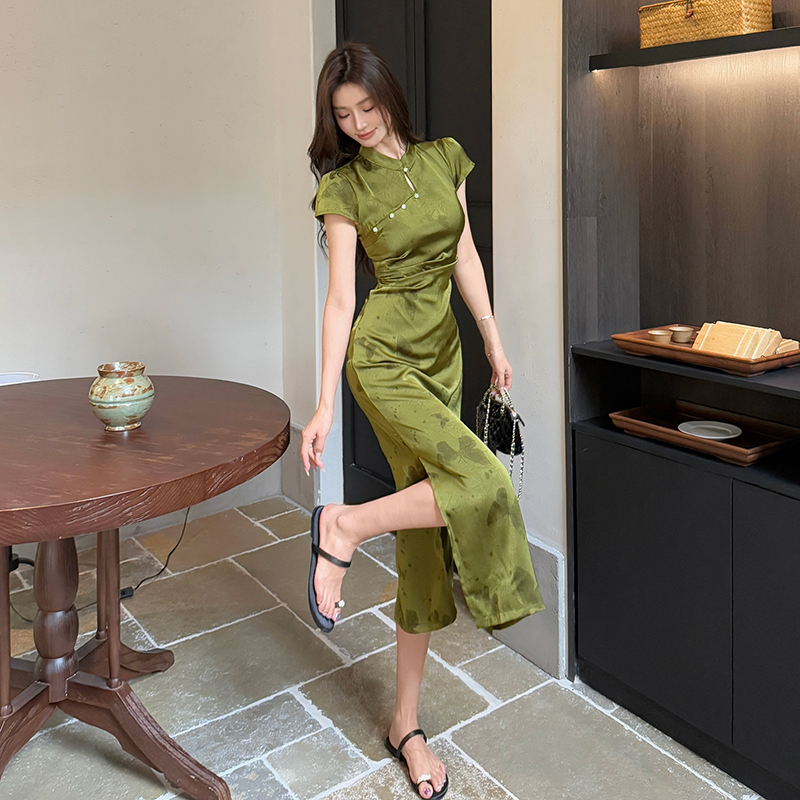 Chinese style long dress satin dress for women