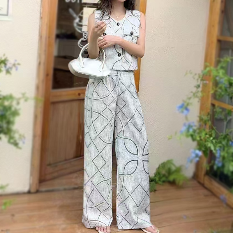 Casual slim vest summer wide leg pants 2pcs set for women