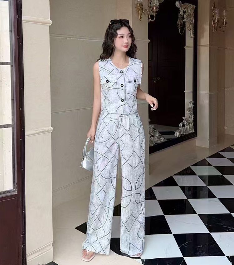 Casual slim vest summer wide leg pants 2pcs set for women