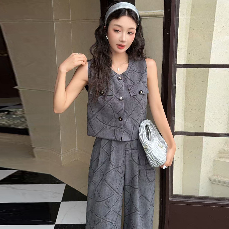 Casual slim vest summer wide leg pants 2pcs set for women